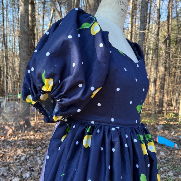 Handmade Puff Sleeve Sweetheart Navy Blue Dots & Lemons Border Cottagecore Gown - Picture 3 of 4